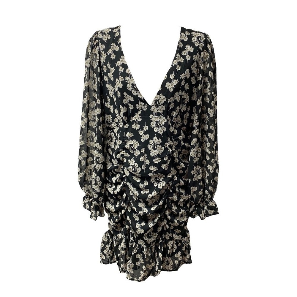She + Sky Dress M Black Cream Floral Sheath V Neck Ruched Ruffle Lined - Picture 2 of 9